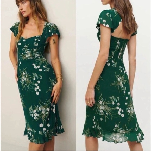 Reformation Rosi Dress Color Buena Green Sweetheart Neck Cut Out Back Size 2 - Picture 4 of 12